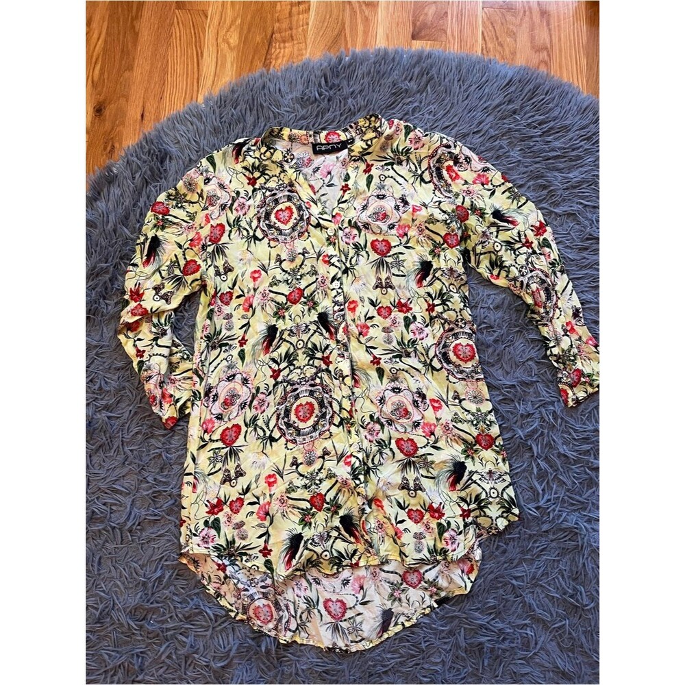 APNY Light Green Floral Heart Print Button-Up Tunic Shirt Size XS